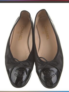 CHANEL Black Leather Ballet Flats with Bow and Interlocking CC Includes Dust bag